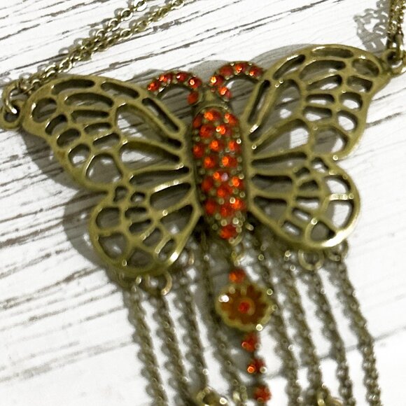 Vintage Gold Butterfly Necklace with Red/Orange Swarovski Crystals - Picture 3 of 6